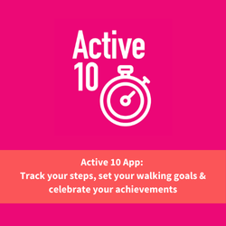 active ten app logog, text reads "active 10 app, track your steps, set your walking goals, and celebrate your achievements"