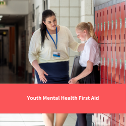 teacher consolling a young person, text reads "youth mental health first aid"