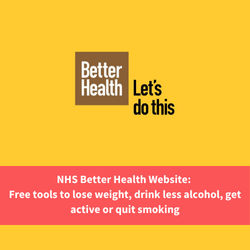 better health logo, text reads "nhs better health website: free tools to lose weight, drink less alcohol, get active or quit smoking"