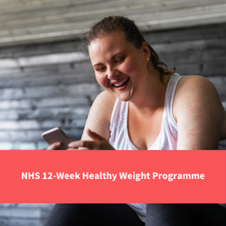 overweight woman in gym, text reads "nhs 12-week healthy weight programme"