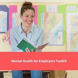 teacher reading and smiling at students, text reads 2mental health for emplyers toolkit"