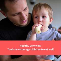 a dad holdin ga child eating a banana on his lap, text reads "tools to encourage children to eat well"