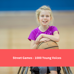 young girl in wheelchair with a basketball, text reads "street games - 1000 young voices"