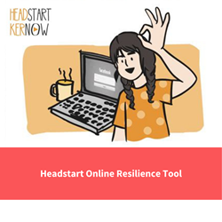 child doing okay symbol next to a laptop with facebook open, text reads "headstart online resilience tool"