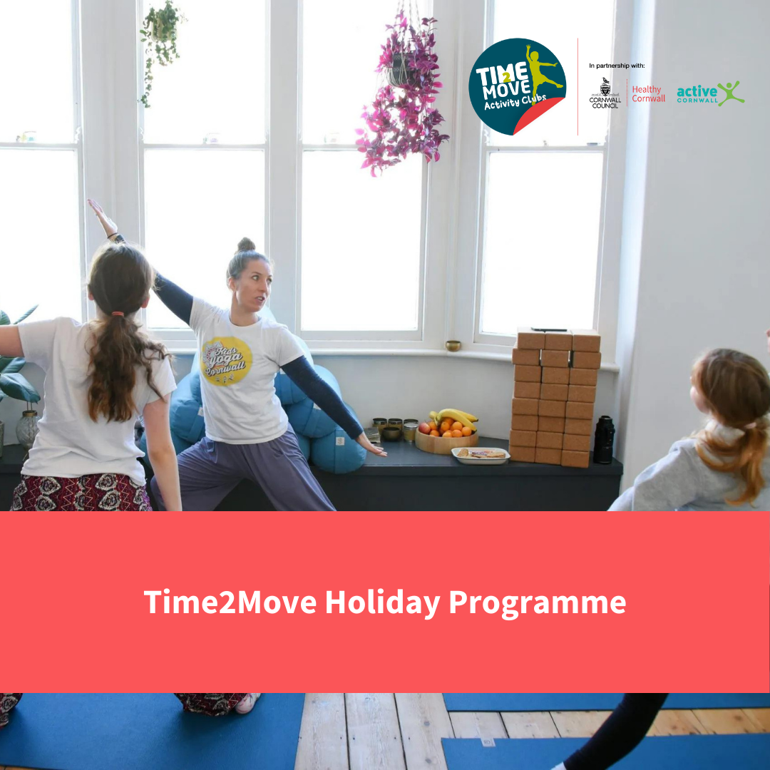 kids following yoga instructor, text reads "time2move holiday programme"