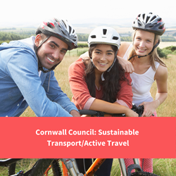 3 people with bikes and helmets, text reads "cornwall cuncil, active travel"