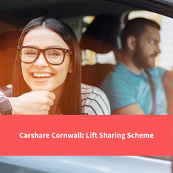 passenger smiling in car, text reads "car share cornwall"