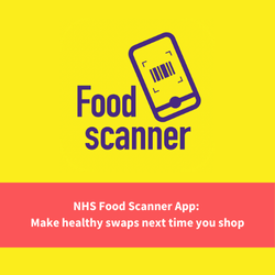 Food Scanner app logo, text reads "nhs food scanner app: make healthy swaps next tim eyou sop"