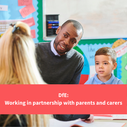 parent and child talking to teacher, text reads "working in partnership with parents and carers"