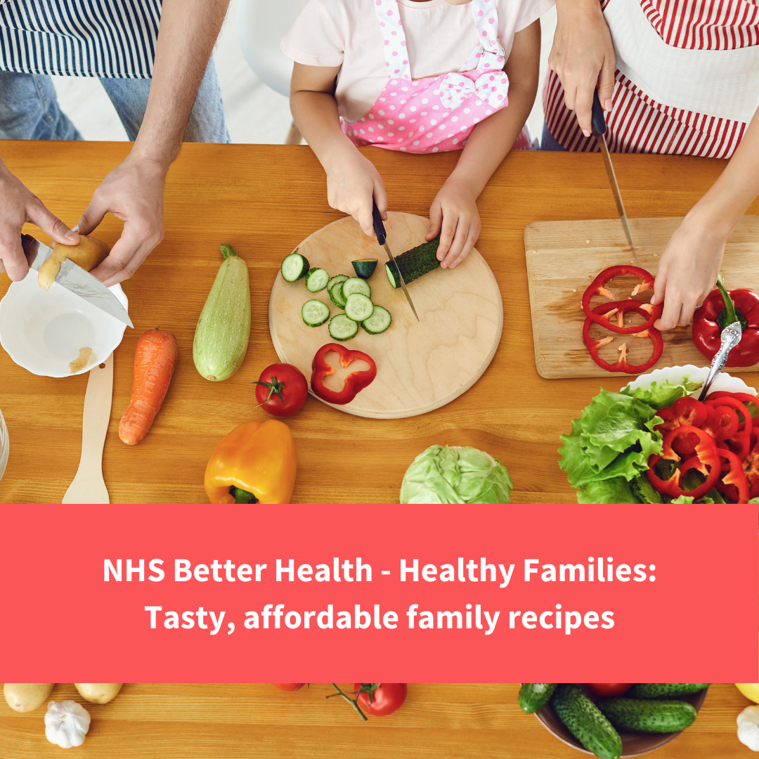 family cutting vegetables together, text reads "Healthy families recipes"