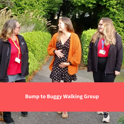 two members of healthy cornwall staff walk with a pregnant woman talking and smiling, text reads "Bump to Buggy walking group"