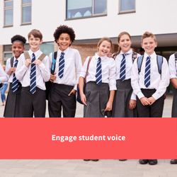 a group of students smile at camera, text reads "engage student voice"