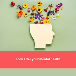 a head sillouette with flowers coming out of it's brain, text reads "look after your mental health"