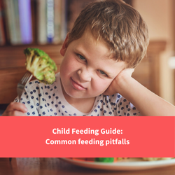 a child hold broccoli on a fork and makes a disgusted face to camera, text reads "child feeding guide pitfalls"