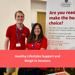 two members of healthy cornwall staff smile towards camera at a drop in session, text reads "Healthy Lifestyles Support Drop In Sessions"