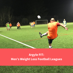 Men playing football in bibs, text reads "Argyle fit: mens weight loss football leagues"