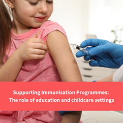 young girl getting injection, text reads "supporting immunisation programmes"