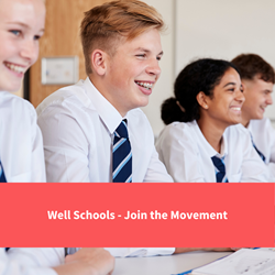 secondary school students smiling in class, text reads "well schools - join the movement"