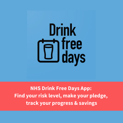 drink free days app logo, text reads "nhs drink free days app: Feel healthier, lose weight and save money by picking your days to go drink-free"