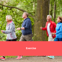 a group of people walking together, text reads "exercise"