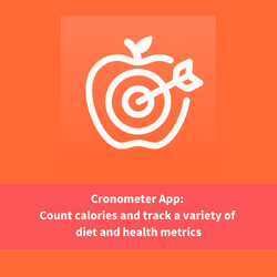 cronometer app logo, text reads "cronometer app: cound calories and track a variety of diet and health metrics"