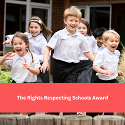 group of schoolchildren running and smiling, text reads "the rights respecting schools award"