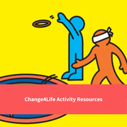 2 change for life characters playing games, text reads "change for life activity resources"