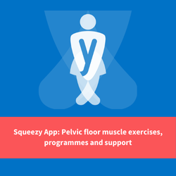 squeezy logo, text reads "squeezy app: pelvic floor muscle exercise, programmes and support"