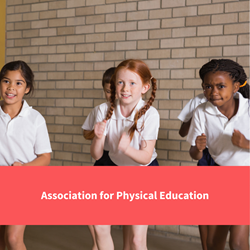 school children taking part in PE, text reads "association for physical education"