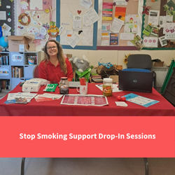 member of healthy cornwall staff smiling and sat behind a desk, text reads "stop smoking support drop ins"