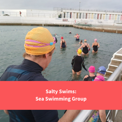 a group getting into jubilee pool with swimsuits and swimming caps on, text reads: "Salty Swims: sea swimming group"