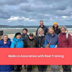 a group of walkers smile at camera, text reads "walks in association with Root training"