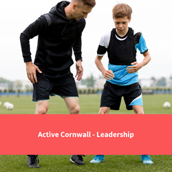 teenager coaching another young person, text reads "active cornwall - leadership"