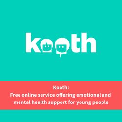 kooth logo, text reads "kooth: free online service offering emotional and mental health support for young people"