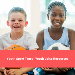 two children holding sports ball smile at camera, text reads "youth sport trust - youth voice resources"