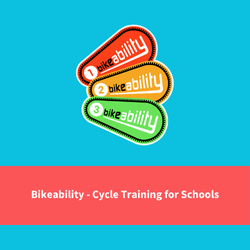 bikeability logo, text reads "cycle training for schools"