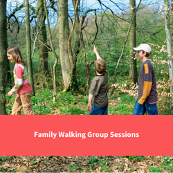 three children walking in a wooded area, text reads "Family Walking group sessions"