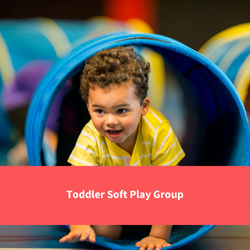 a toddler crawling through a play tunnel, text reads "Toddler soft play group"