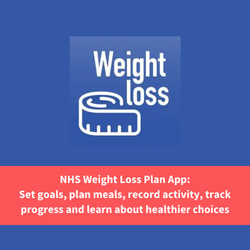 weight loss app logo, text reads "nhs weight loss plan app: set goals, plan meals, record activity, track progress and learn about healthier choiices"