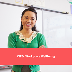 teacher smiling, text reads "CIPD, wrkplace wellbeing"